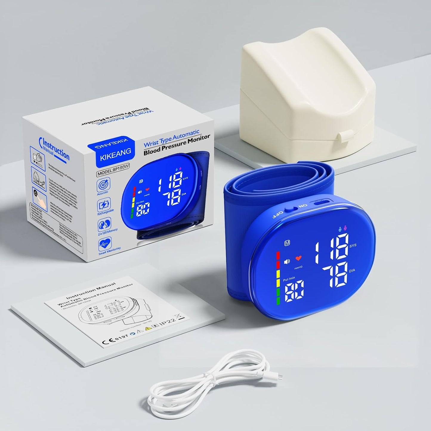 Wrist Blood Pressure Monitor, Rechargeable, FDA Cleared, Blue | Clinically Accurate, LED Display, 5.3-7.7" Adjustable Wrist Cuff, 2x120 Memory, One-Button, Voice Broadcast, Storage Case
