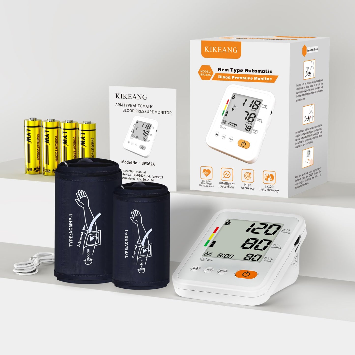 KIKEANG Blood Pressure Monitors for Home Use with 2 Size Cuff (22-42cm & 38-55cm), Blood Pressure Monitor XL & Medium-Large Cuffs, 2 * 120 Memory Sets, 4 Aa Batteries Included