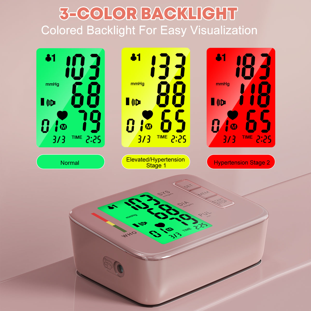Tensiómetro Ziqing, color rosa, pantalla LCD retroiluminada a color, fácil de usar, aprobado por la FDA.