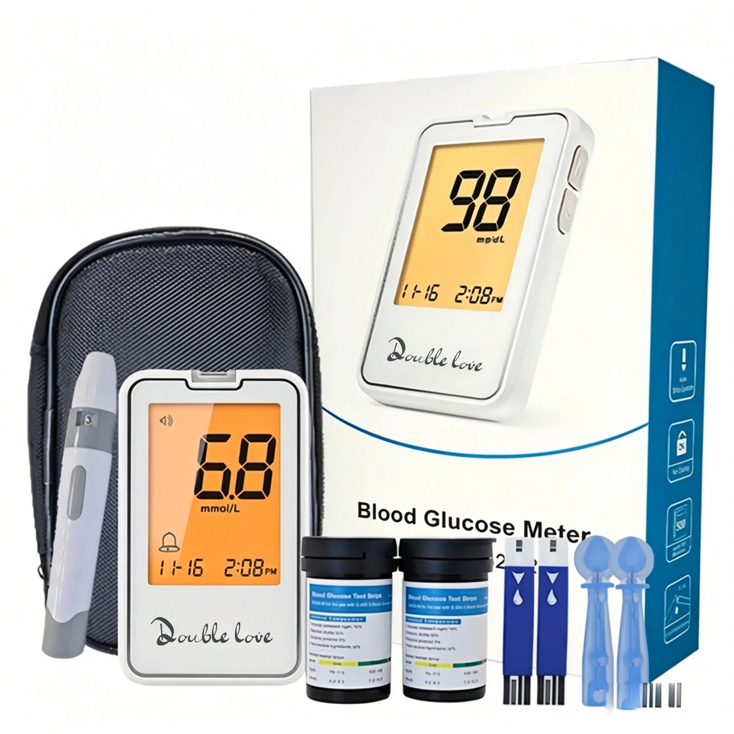 Double love Blood Glucose Monitor Kit, Blood Sugar Testing kit with Blood Sugar Test Strips, Lancets, 1 Blood Glucose Meter, 1 Lancing Device, No Coding Required, Meter Glucometer Kit for Diabetes Testing for Home/Travel Use