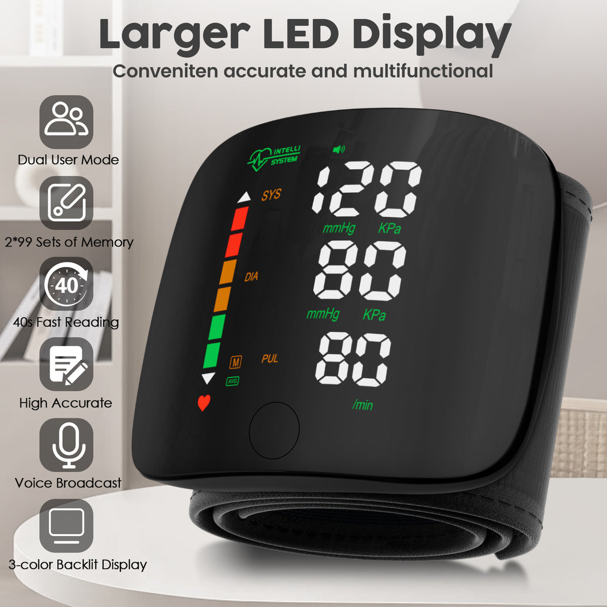 Tensiómetro de muñeca con pantalla LED y pantalla táctil, memoria de lectura de 99x2, con estuche de transporte (negro)