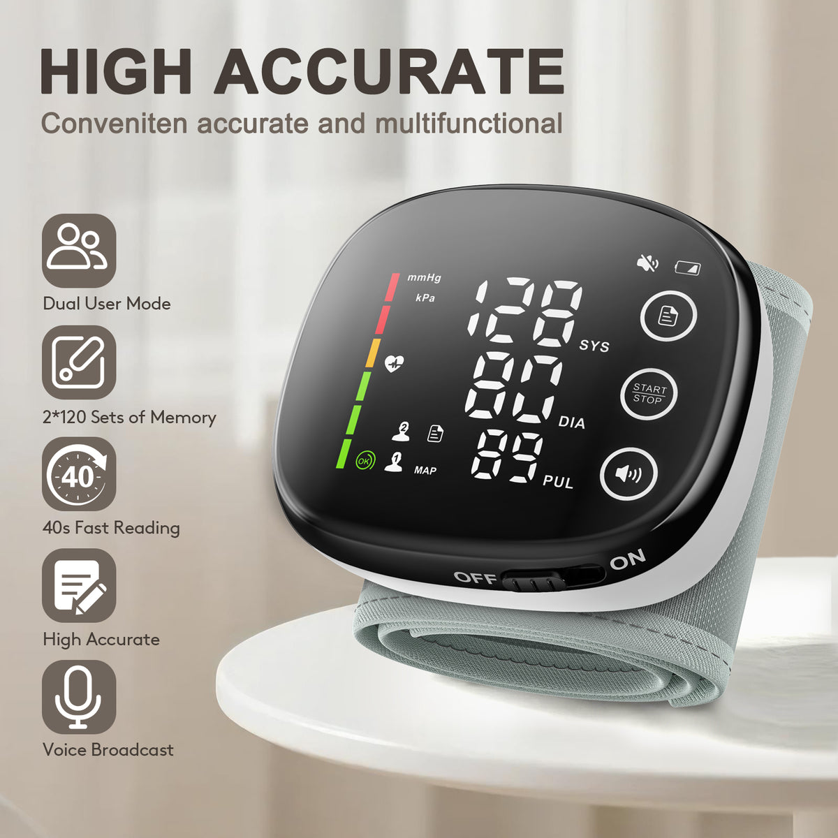 Wrist Blood Pressure Monitor Led Display, Touch Screen Wrist Blood Pressure Cuff 120x2 Reading Memory Wrist Bp Monitor with Carrying Case Health Monitoring