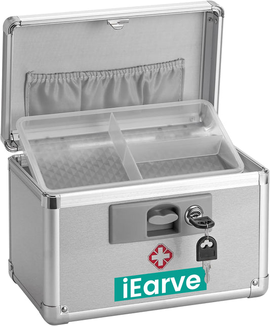 Medicine Lock Box for Safe Medication - 10 x 6 x 6.7 Inches - Lockable Storage Box for Drugs, First Aid Kit Empty, Lock Boxes with Key for Home/Outdoor (Silver/Small）