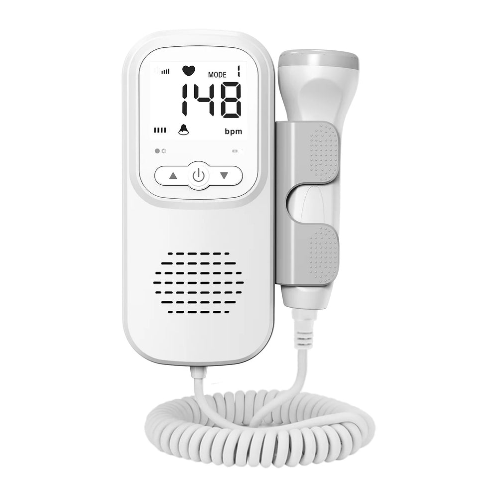Front product reference showing the numeric screen, three buttons, speaker grille and probe holder; screen values are illustrative