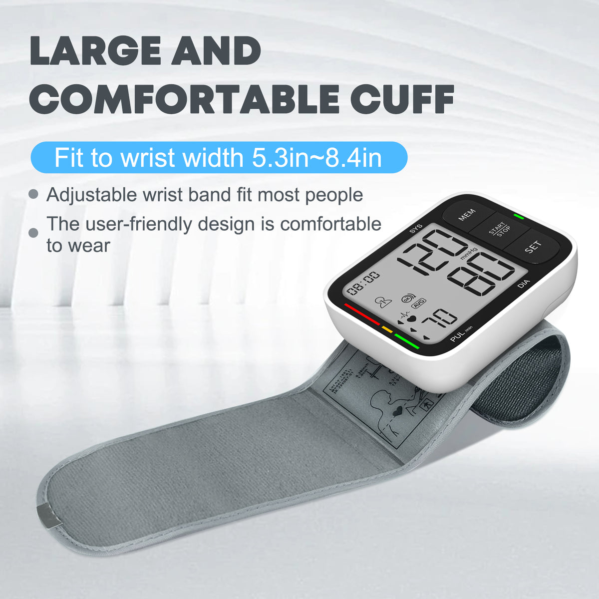 KIKEANG Blood Pressure Cuff Wrist, Universal Bp Cuff(5.3-8.4in) Large LCD Display 2 Users Total 240 Memories, 2 AAA Batteries & Carrying Case Included