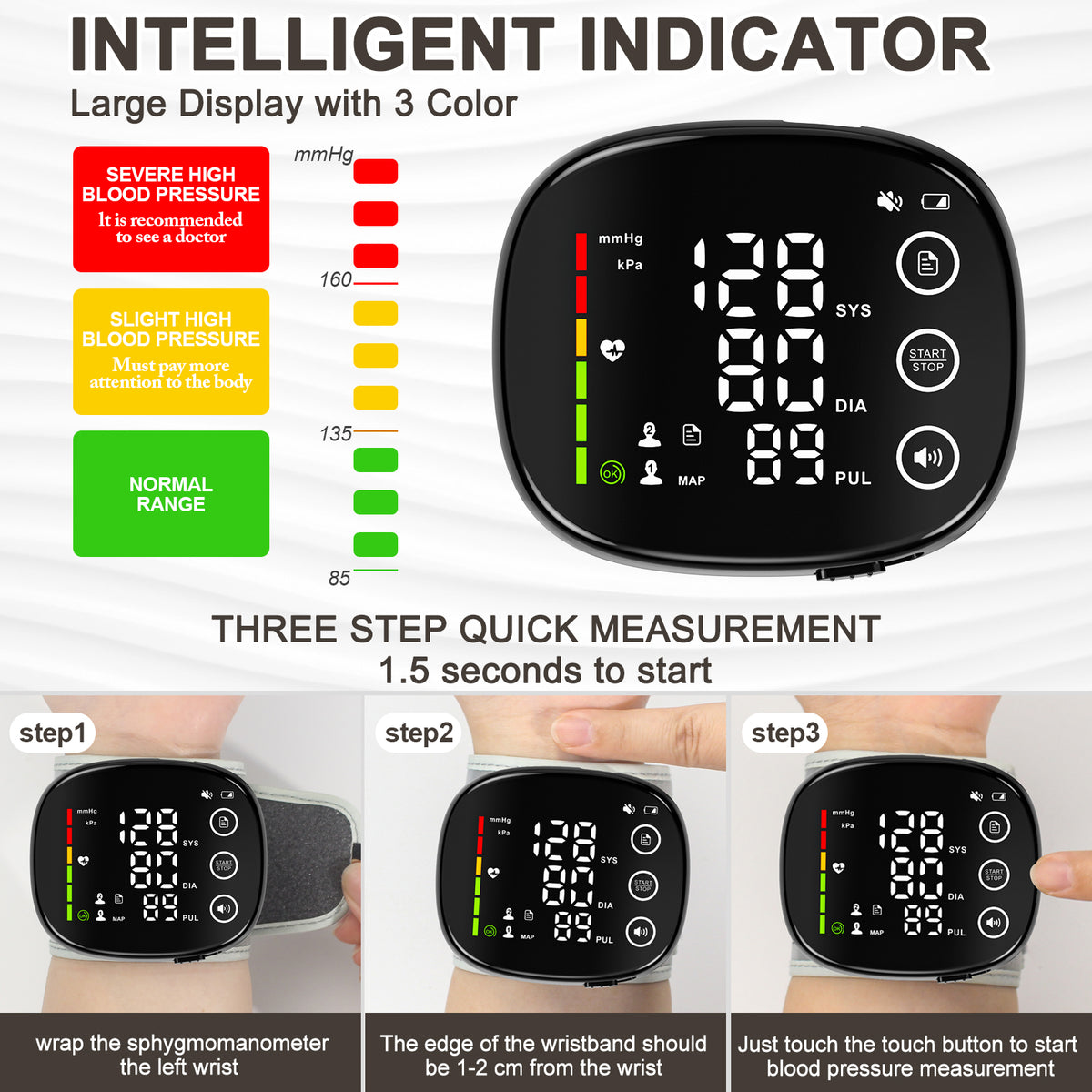 Wrist Blood Pressure Monitor Led Display, Touch Screen Wrist Blood Pressure Cuff 120x2 Reading Memory Wrist Bp Monitor with Carrying Case Health Monitoring