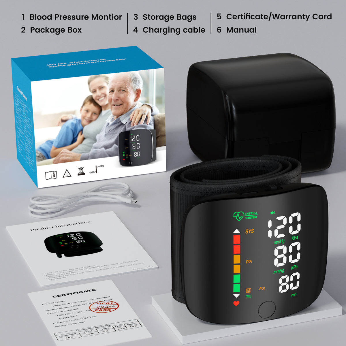 Tensiómetro de muñeca con pantalla LED y pantalla táctil, memoria de lectura de 99x2, con estuche de transporte (negro)