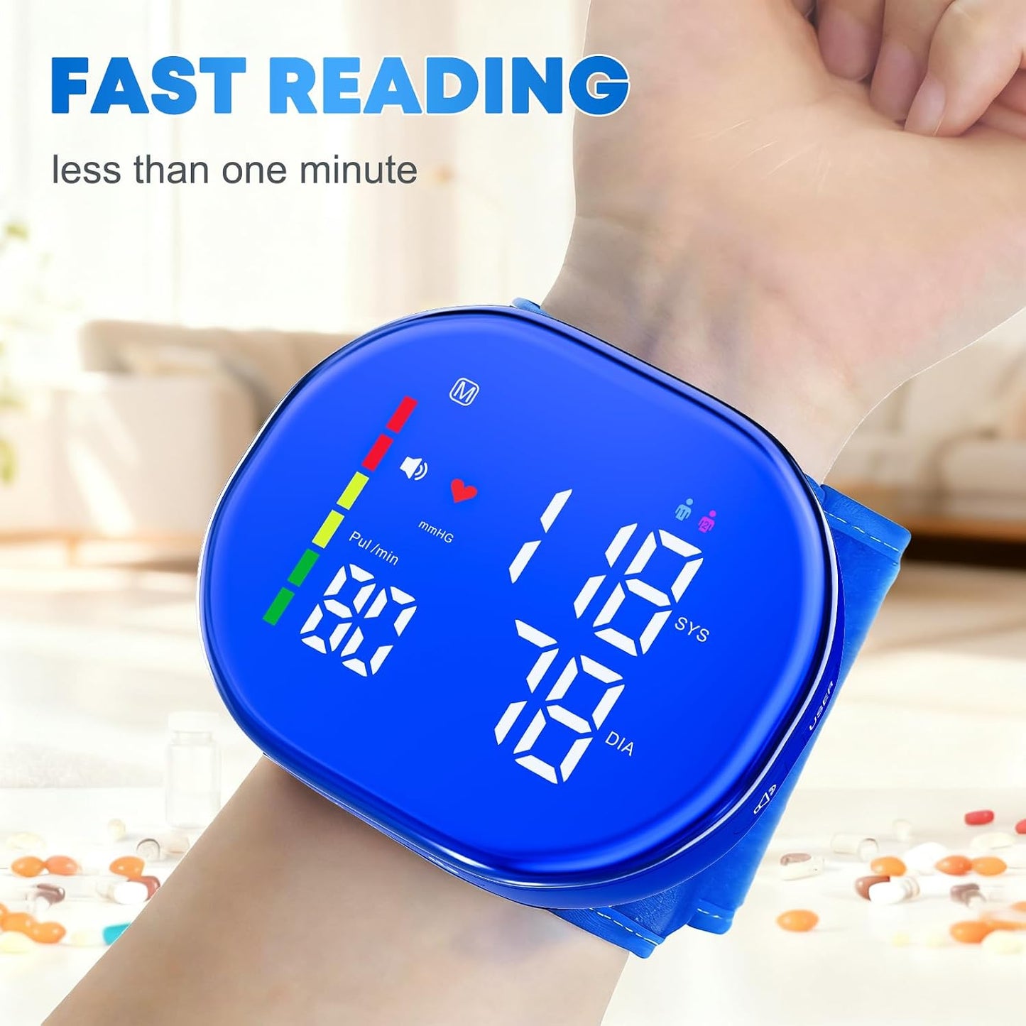 Wrist Blood Pressure Monitor, Rechargeable, FDA Cleared, Blue | Clinically Accurate, LED Display, 5.3-7.7" Adjustable Wrist Cuff, 2x120 Memory, One-Button, Voice Broadcast, Storage Case