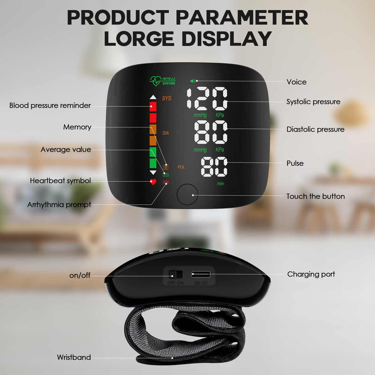 Tensiómetro de muñeca con pantalla LED y pantalla táctil, memoria de lectura de 99x2, con estuche de transporte (negro)