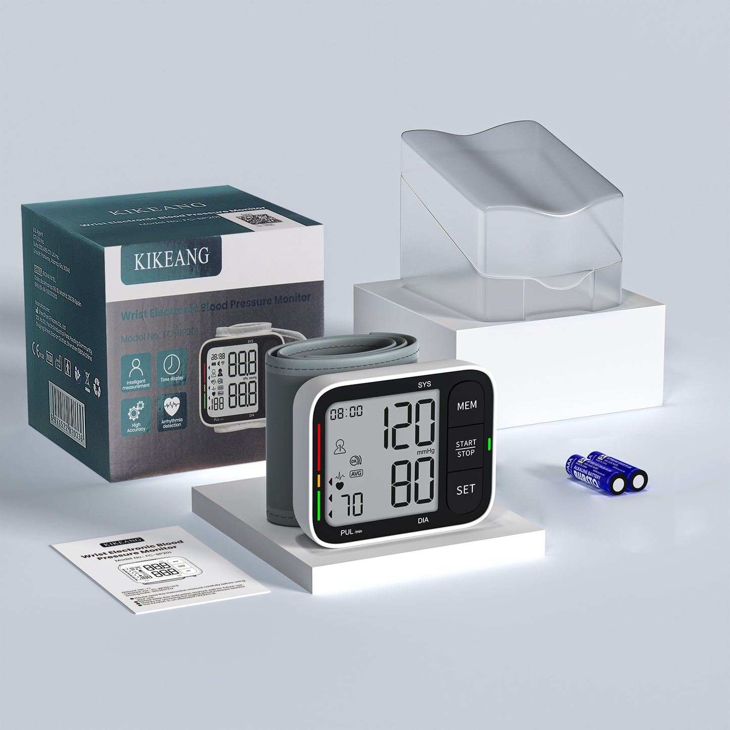 KIKEANG Blood Pressure Cuff Wrist, Universal Bp Cuff(5.3-8.4in) Large LCD Display 2 Users Total 240 Memories, 2 AAA Batteries & Carrying Case Included