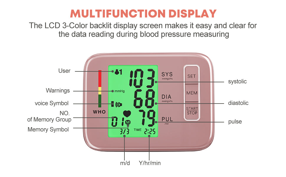 Tensiómetro Ziqing, color rosa, pantalla LCD retroiluminada a color, fácil de usar, aprobado por la FDA.