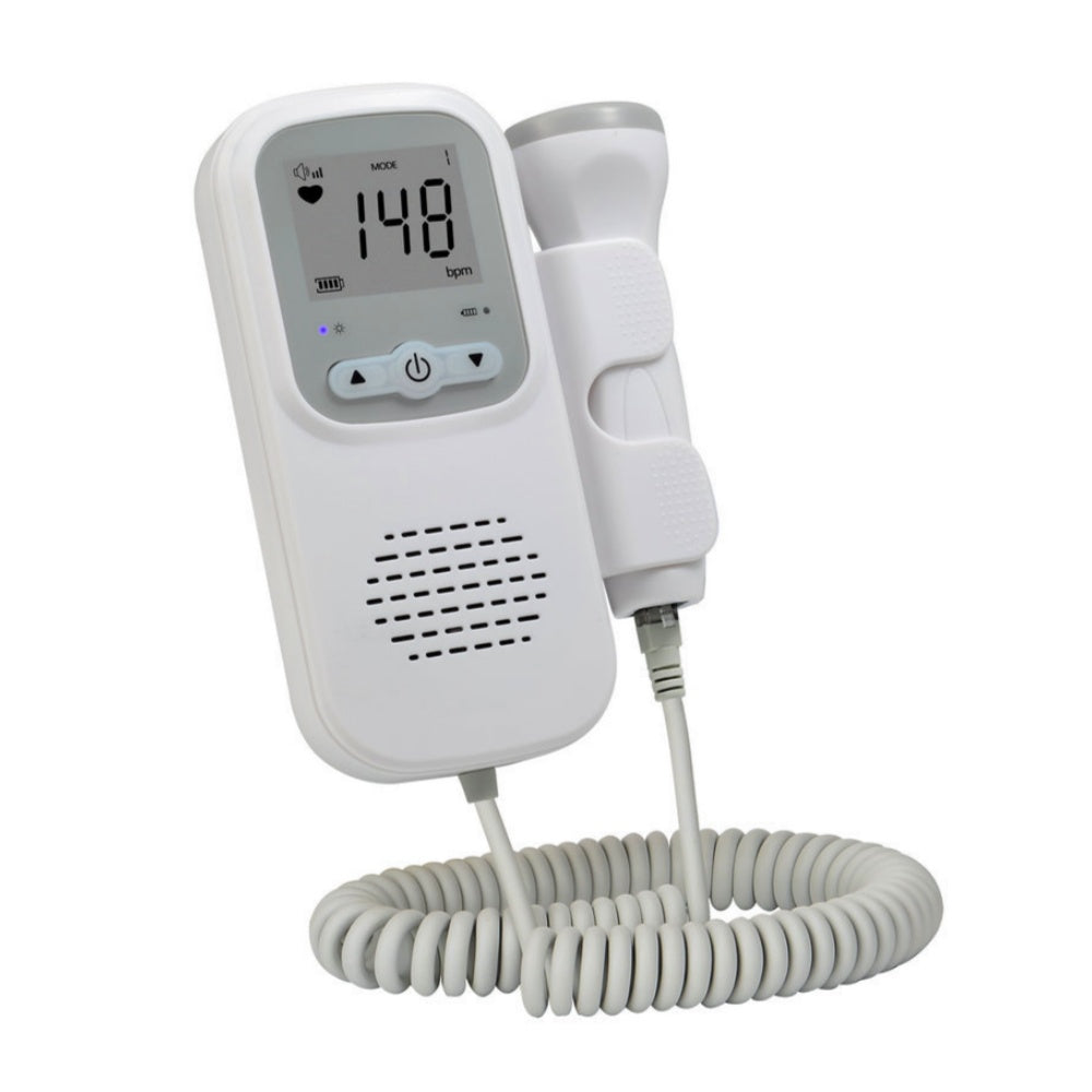 Handheld prenatal sound listener with a numeric screen and coiled probe cable; display values are illustrative