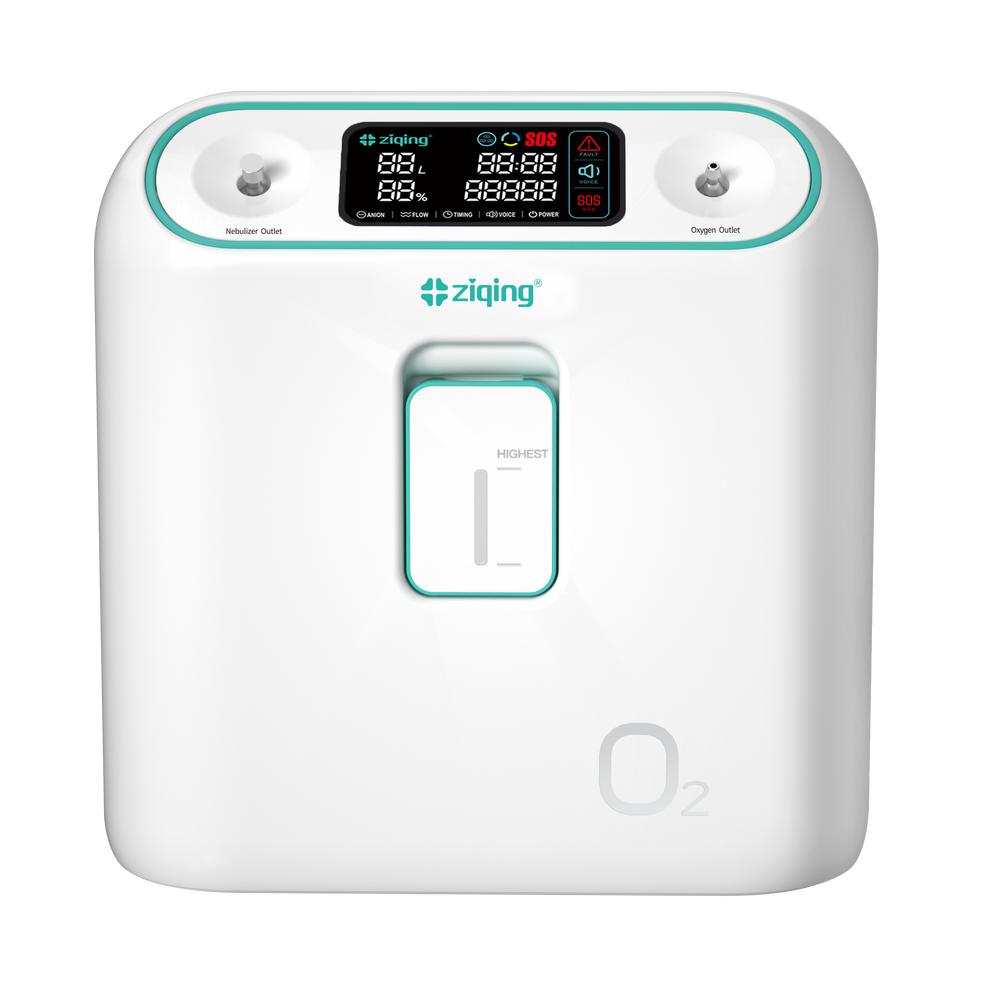 ZY-01 front view with the nebulizer outlet on the left and oxygen outlet on the right