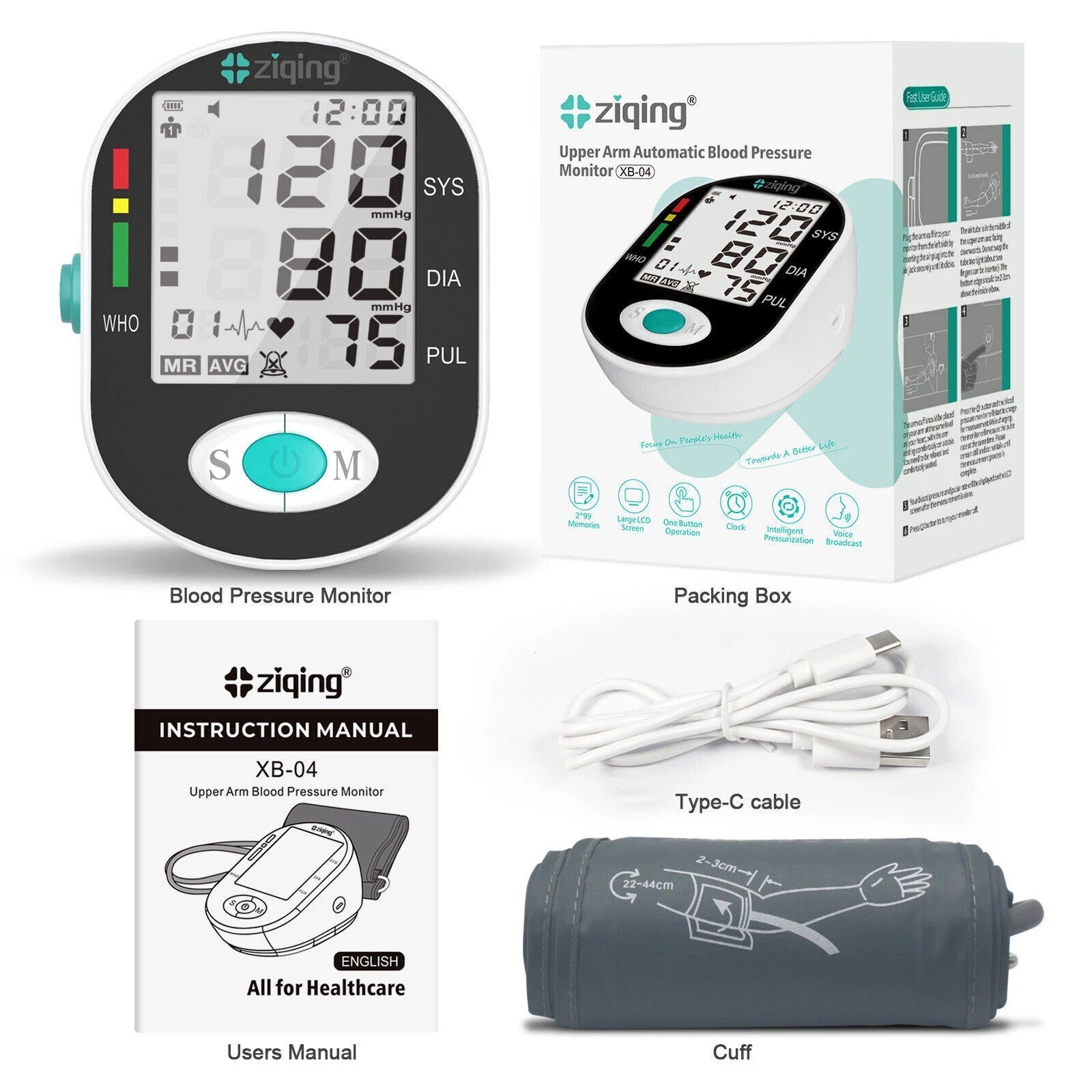 Customer XB-04 package photo showing the monitor, upper-arm cuff, Type-C cable, English manual and retail box