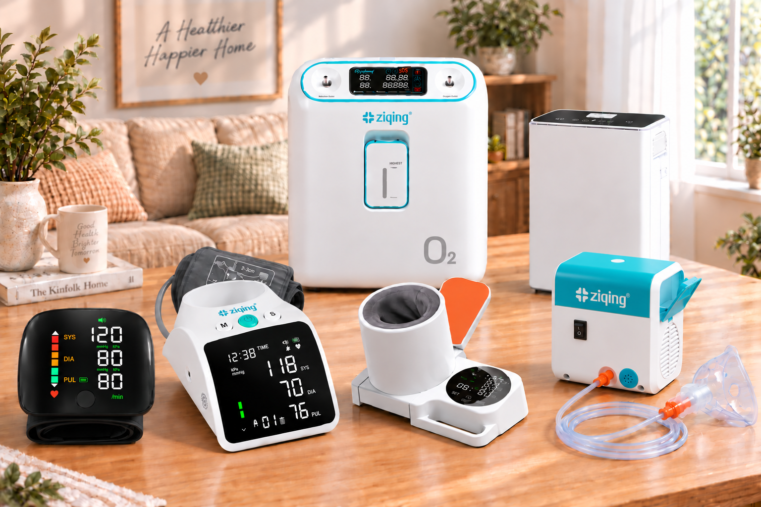Wrist, upper-arm and arm-in monitors, home and portable oxygen concentrators, and a compressor nebulizer in a home-care setting