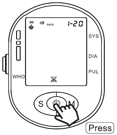 XB-04 manual illustration showing a press of the centre ON/OFF button, not the S settings button