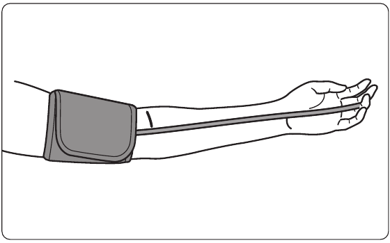XB-05 LCD manual illustration of the upper-arm cuff with its air tube directed toward the palm