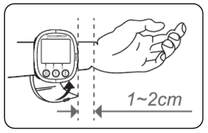 Manual illustration showing the cuff edge 1 to 2 centimetres from the wrist crease