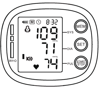 Example display from the XW-03 manual with systolic, diastolic and pulse values; not target readings
